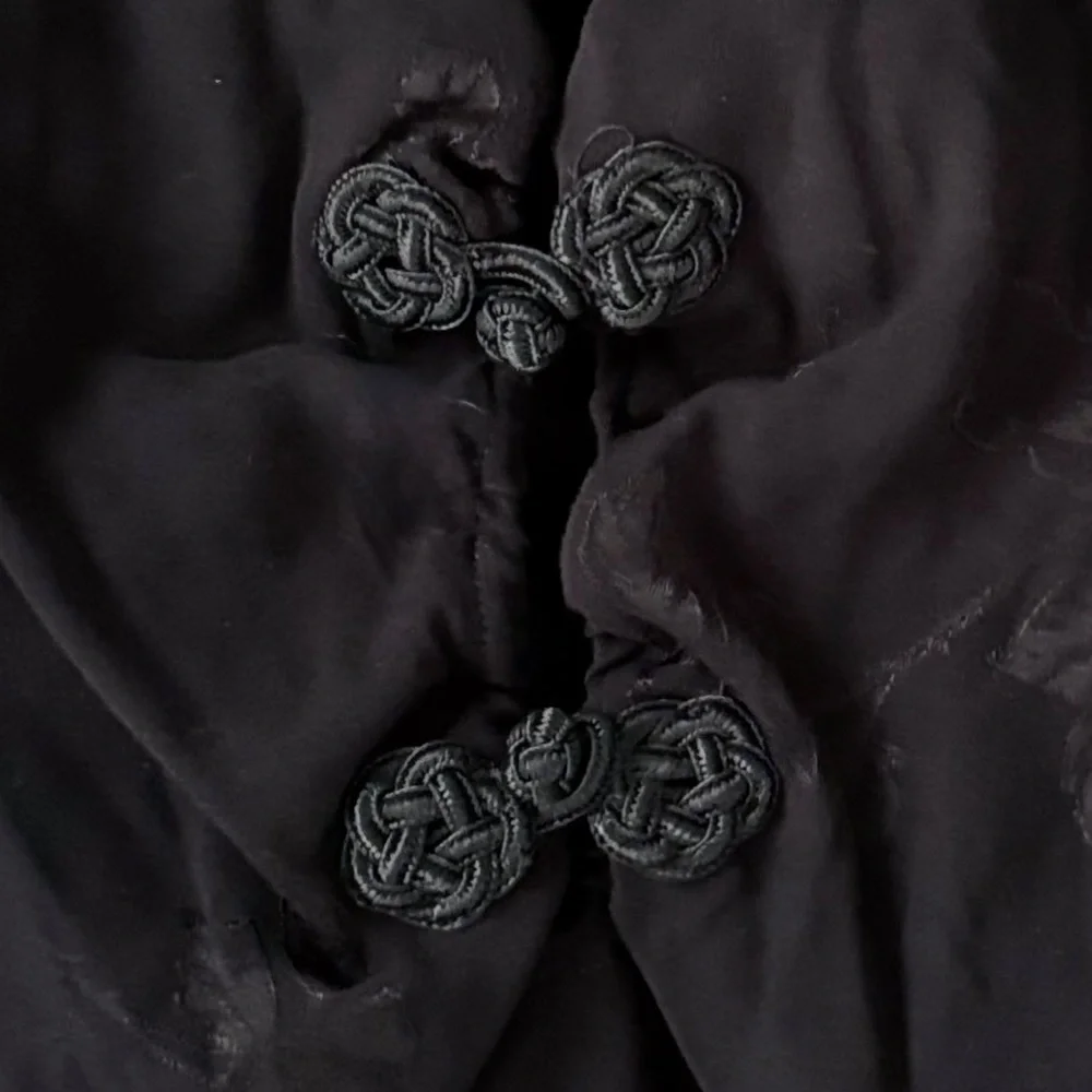 ROUJE PARIS Nancia Floral Jacquard Silk Satin Black Mini Dress Frog Knot Detail - Picture 13 of 16